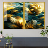 Golden Dreamy Flower Acrylic Floating Wall Painting Set of 2