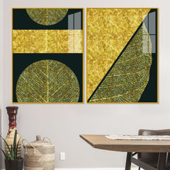 Golden Leaves and Line Art Acrylic Floating Wall Painting Set of 2