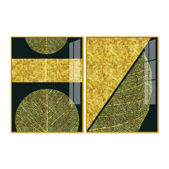 Golden Leaves and Line Art Acrylic Floating Wall Painting Set of 2
