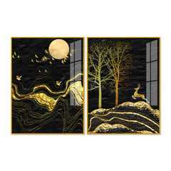 Golden Textured Mountains Art Premium Acrylic Floating Wall Painting Set of 2