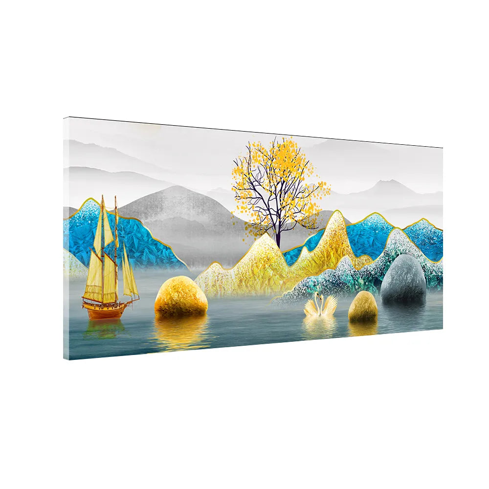 Boat in River Around Hills – Tranquil Landscape Canvas (4x2 Feet)
