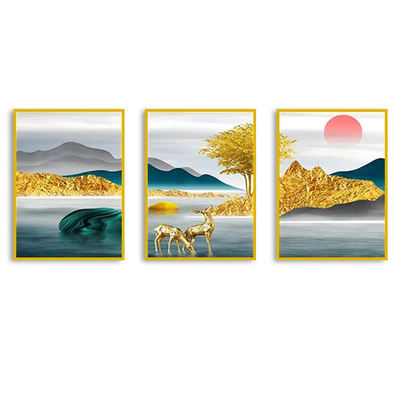 Golden dear landscape Premium Floating Frame Wall Painting Set of 3