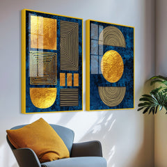 Line Art Golden Shapes Acrylic Floating Wall Painting Set of 2