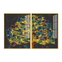 Luxury Golden Shiny Tufted Leaves Tree Acrylic Floating Wall Painting Set of 2