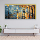 Couple Walking in Rain – Old Town Street Oil Painting | Size 2x4 Feet