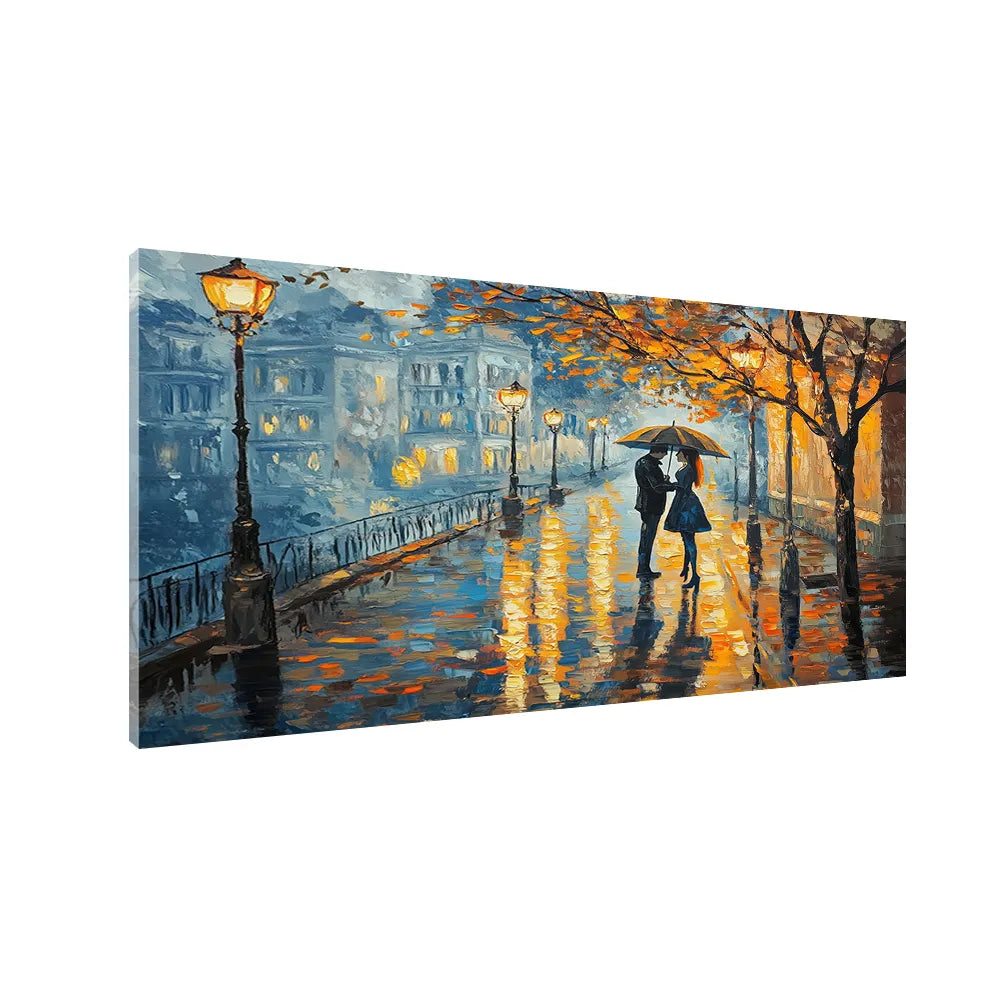 Couple Walking in Rain – Old Town Street Oil Painting | Size 2x4 Feet