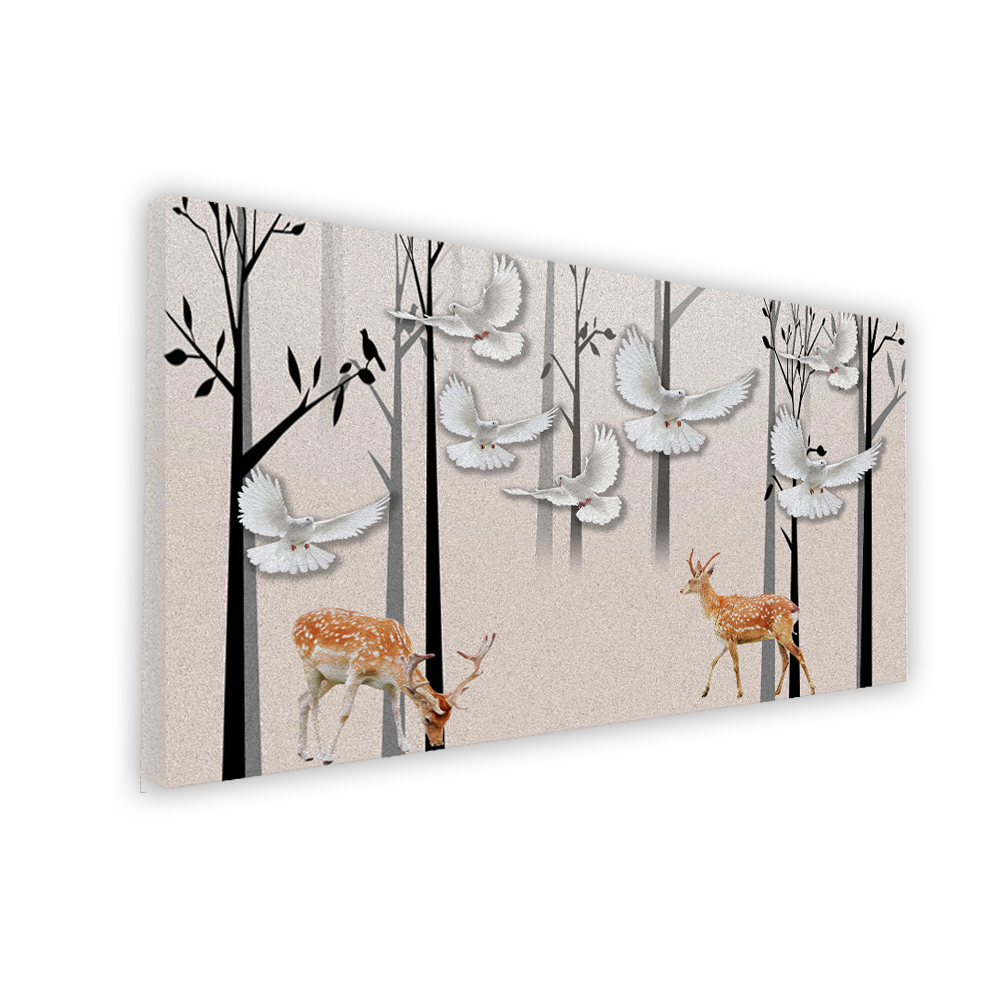 Deer and Birds Painting on White Background Size 2x4 Feet