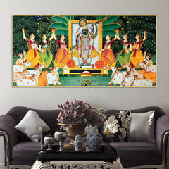 Shreenathji Pichwai Canvas Wall Painting with Devotees & Cows