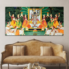 Shreenathji Pichwai Canvas Wall Painting with Devotees & Cows