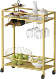 Sleek Gold Bar Cart Trolley With Wine Bottle Glass Racks