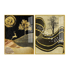 Wavy Golden Lines Mountains Premium Acrylic Floating Wall Painting Set of 2