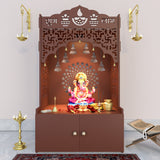Divine Wooden Floor Temple with Spacious Shelf & Inbuilt Focus Light- Brown